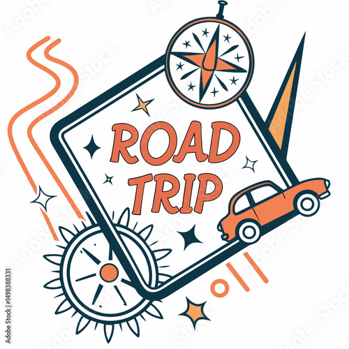Retro road trip design element, car, compass, isolated