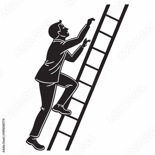 Businessman climbing steep ladder success ambition