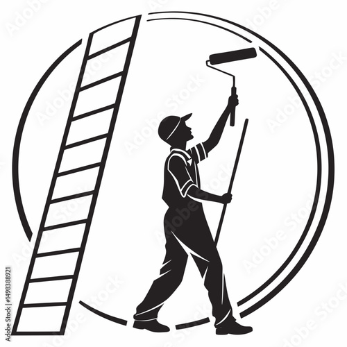Professional painter with ladder and roller, clean cutout