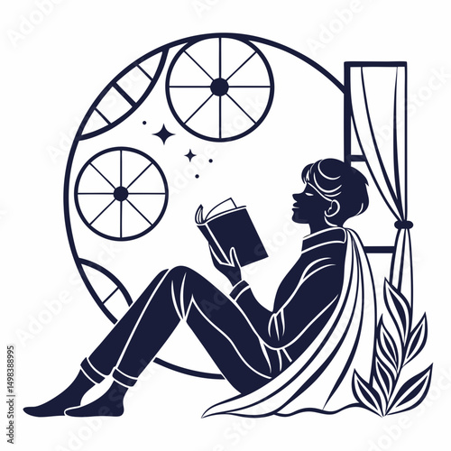 Young person reading book by window magical scene