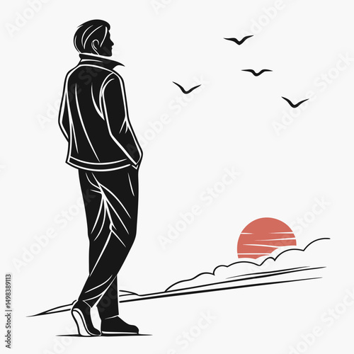 Man silhouette watching sunset ocean birds flying