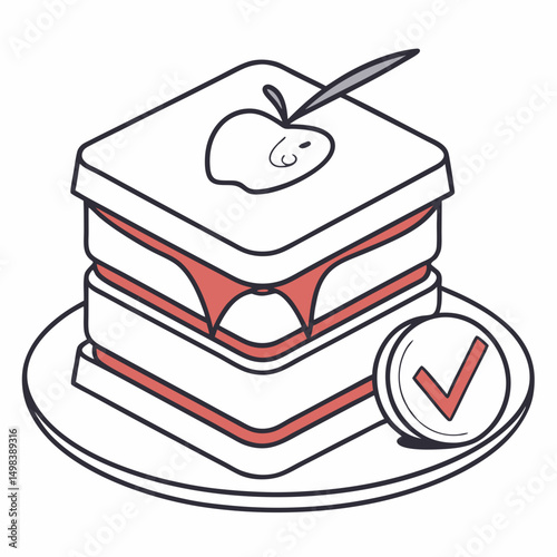 Delicious apple cake slice with checkmark, isolated on white