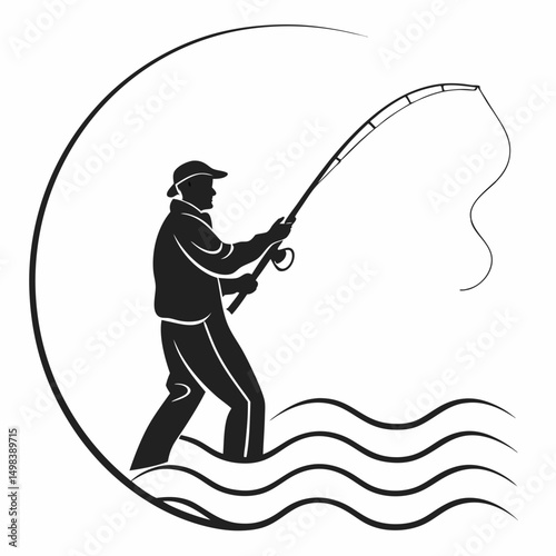 Fisherman silhouette casting rod ocean waves