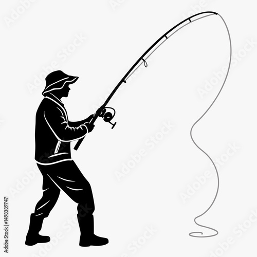 Fisherman silhouette casting fishing rod outdoors