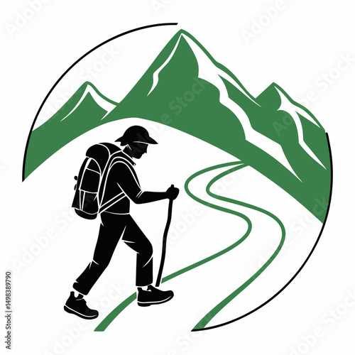 Hiking silhouette cliparts, mountain climber vector illustration