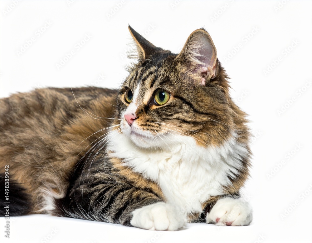 Fototapeta premium Domestic Cat Resting with Gentle Gaze and Soft Fur Texture on Isolated White Background