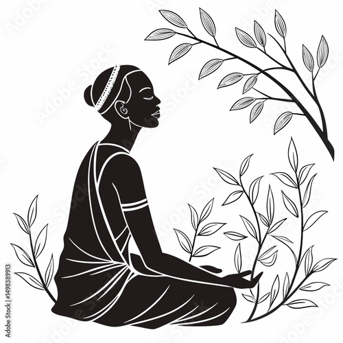 Serene woman meditating amidst lush greenery