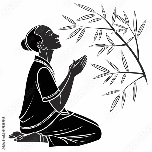 Woman praying silhouette peaceful nature scene