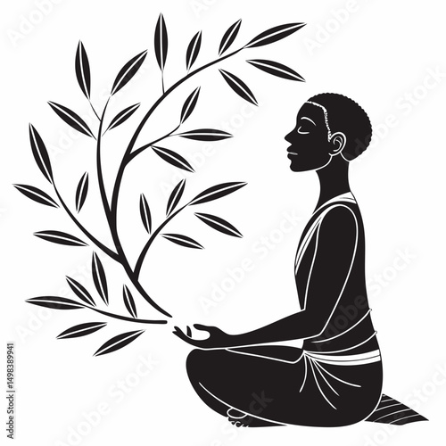 Serene black woman meditating with olive branch