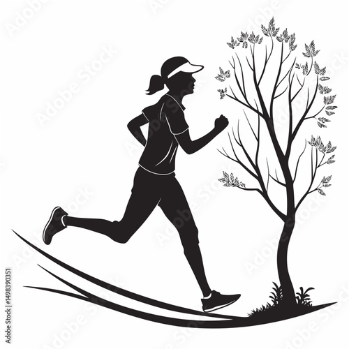 Woman jogging silhouette, clean cutout, transparent background