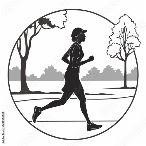 Woman jogging outdoors silhouette, clean cutout, transparent background