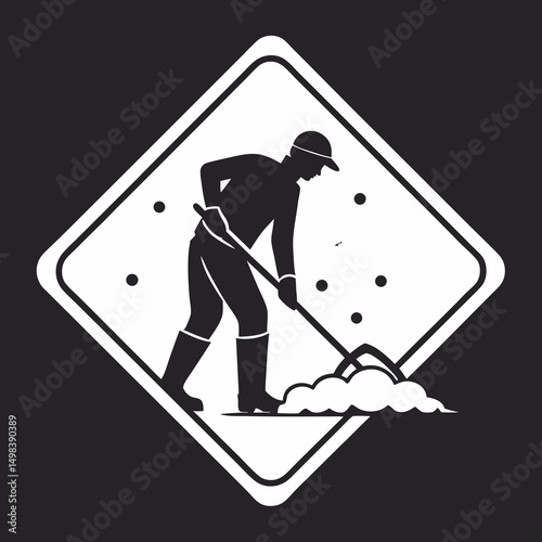 Man shoveling snow winter cleanup service sign