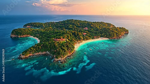 Aerial view of a tropical island with vibrant turquoise waters at golden sunset time