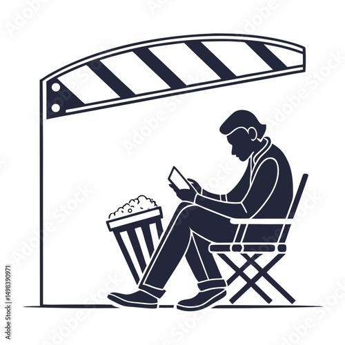 Man relaxing with popcorn and tablet movie set
