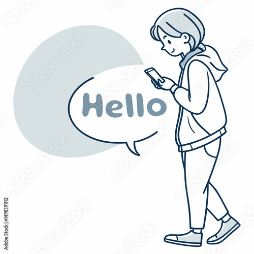 Young person walking using smartphone saying hello