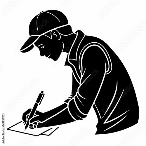Man in cap writing on paper black silhouette