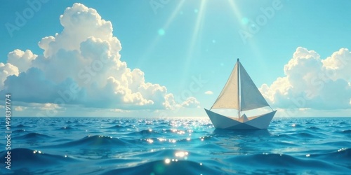 A solitary paper sailboat navigates a tranquil ocean under a vibrant sky, its journey a symbol of hope and dreams unfolding on the horizon.