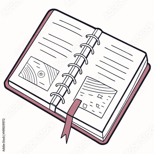 Open spiral notebook with bookmark and notes