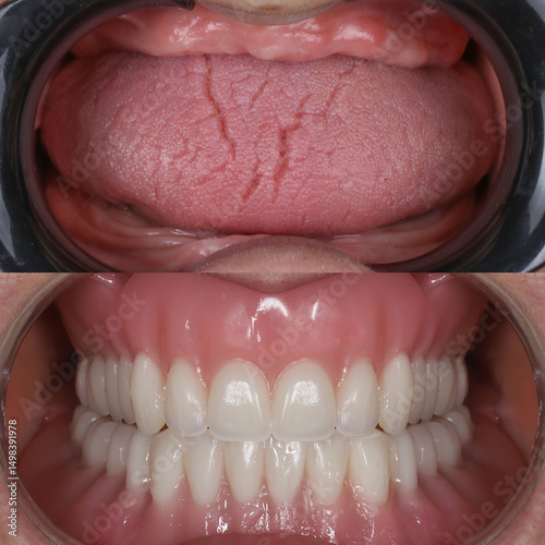 Full-arch denture prosthesis with dental implants placed in the jawbone. Full arch implant treatment with porcelain prosthesis. Dental before after and smile makeover.

