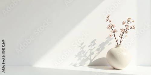 Serene minimalist home decor featuring delicate blossoms in a simple vase, illuminated by soft sunlight casting a gentle shadow against a white wall.