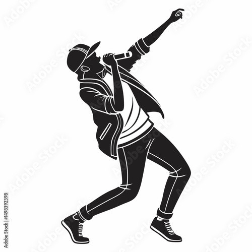 Energetic male singer silhouette, isolated vector illustration
