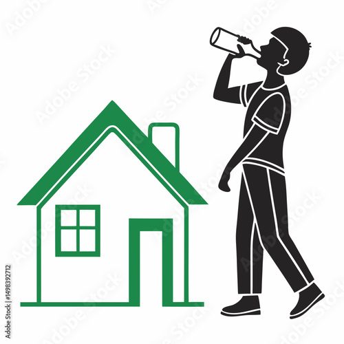 Man drinking from bottle walking away from home