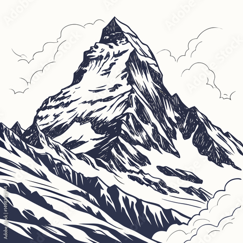 Majestic mountain peak illustration, clean cutout, transparent background