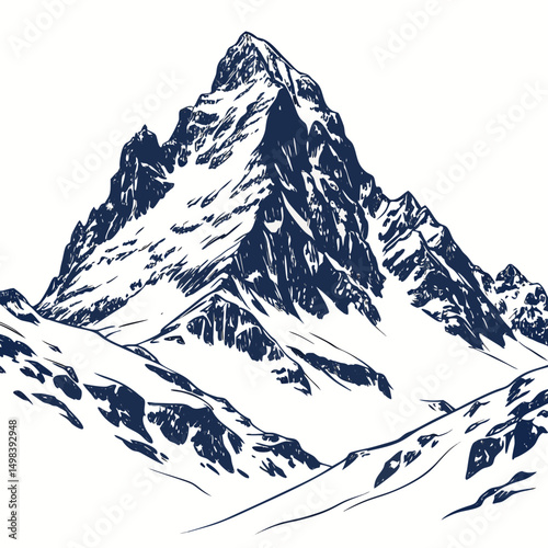 Majestic snowy mountain peak ink drawing illustration