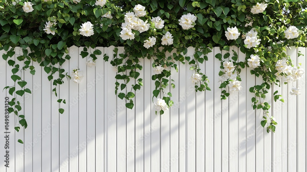 Fototapeta premium White Flowers Climbing White Wooden Fence Beautiful Nature Spring Blossom Floral Background Garden Photography Summer Romance Fresh Green Leaves Blooming Plants White Fence 