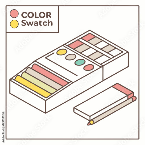 Colorful crayons and pencil box set, isolated illustration