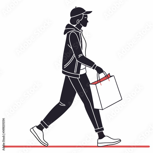 Stylish person walking with shopping bag, transparent background