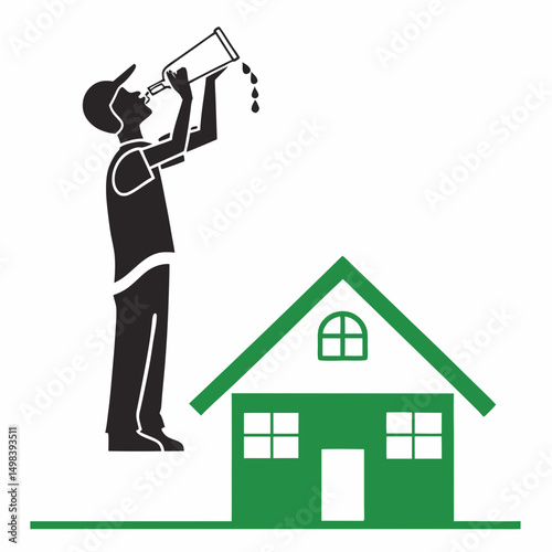Man drinking from bottle near green house