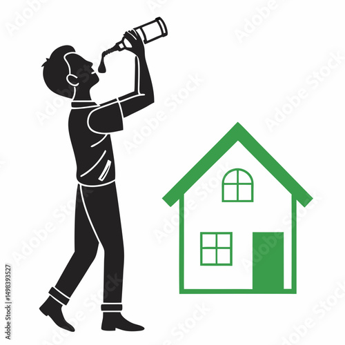 Man drinking alcohol near house, isolated vector illustration