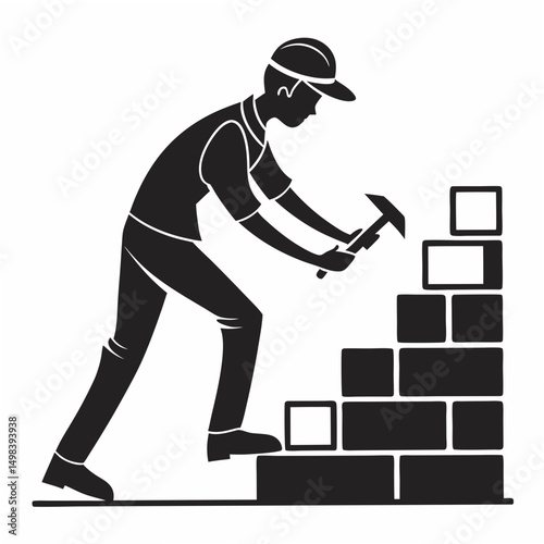 Professional construction worker building brick wall illustration