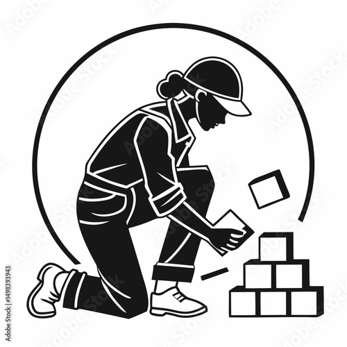 Professional woman construction worker placing blocks isolated