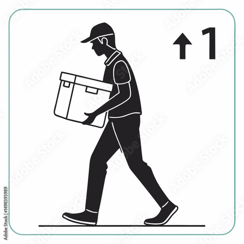 Delivery man carrying box upstairs icon transparent background