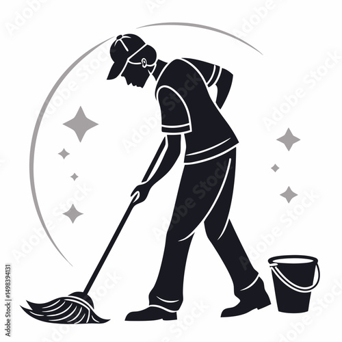 Professional janitor cleaning service silhouette icon