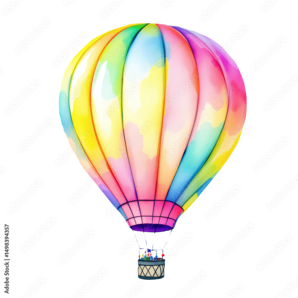 Naklejka premium Vibrant Watercolor Birthday Hot Air Balloon, Hand-Drawn Design,