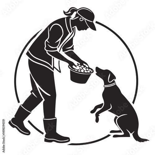 Woman feeding dog pet food bowl canine care
