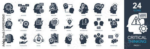 Critical Thinking Icons set vector illustration. Containing mindset, critical, empathy, thinking, decision and more. Simple glyph icons collection.
