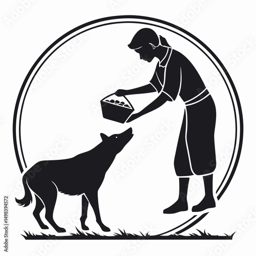 Woman feeding hungry dog food basket silhouette