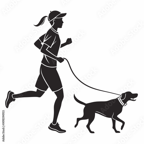 Woman jogging with dog on leash black silhouette