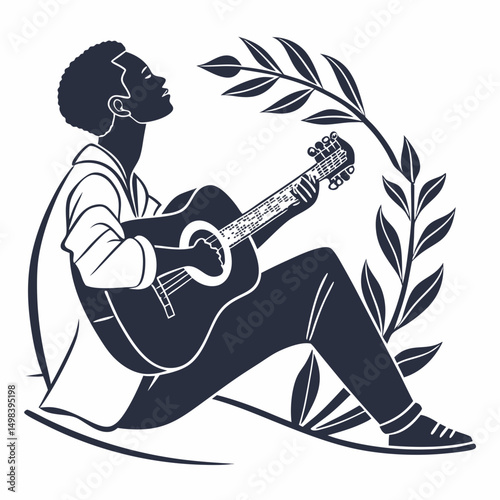 Man playing acoustic guitar peaceful nature scene