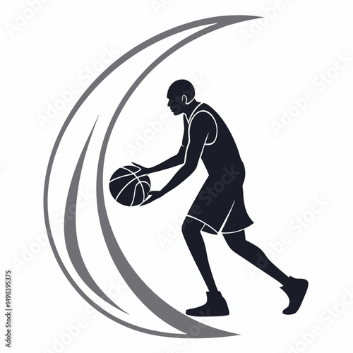 Dynamic silhouette basketball player dribbling ball