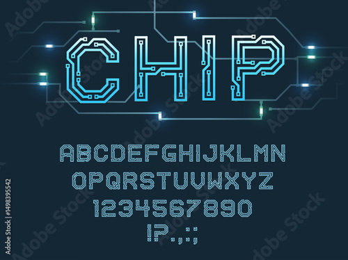 Chip type font, vector alphabet letters, digits and punctuation marks Blue microcircuit glowing abc uppercase characters, fluorescent electric futuristic style signs set isolated on dark background