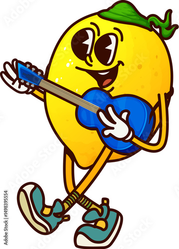 Cartoon groovy lemon fruit character cheerfully playing guitar enjoying music and joy. Vector citrus retro y2k personage with a big smile, sneakers and green bandana, exuding fun and musical vibe