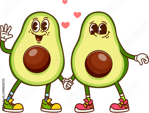 Cartoon groovy avocado characters standing side by side holding hands and smiling. Funny tropical fruits wear sneakers and have expressive eyes with floating hearts above them symbolizing love feeling
