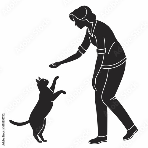 Woman training cat pet owner trick training silhouette