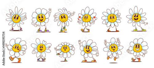 Groovy daisy chamomile flowers characters. Funny retro white blossoms of chamomile vector personages with happy faces. Cartoon psychedelic hippie daisy flowers walking, waving hands, dancing, singing