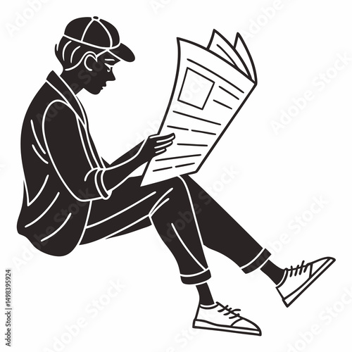 Young man sitting reading newspaper casual style